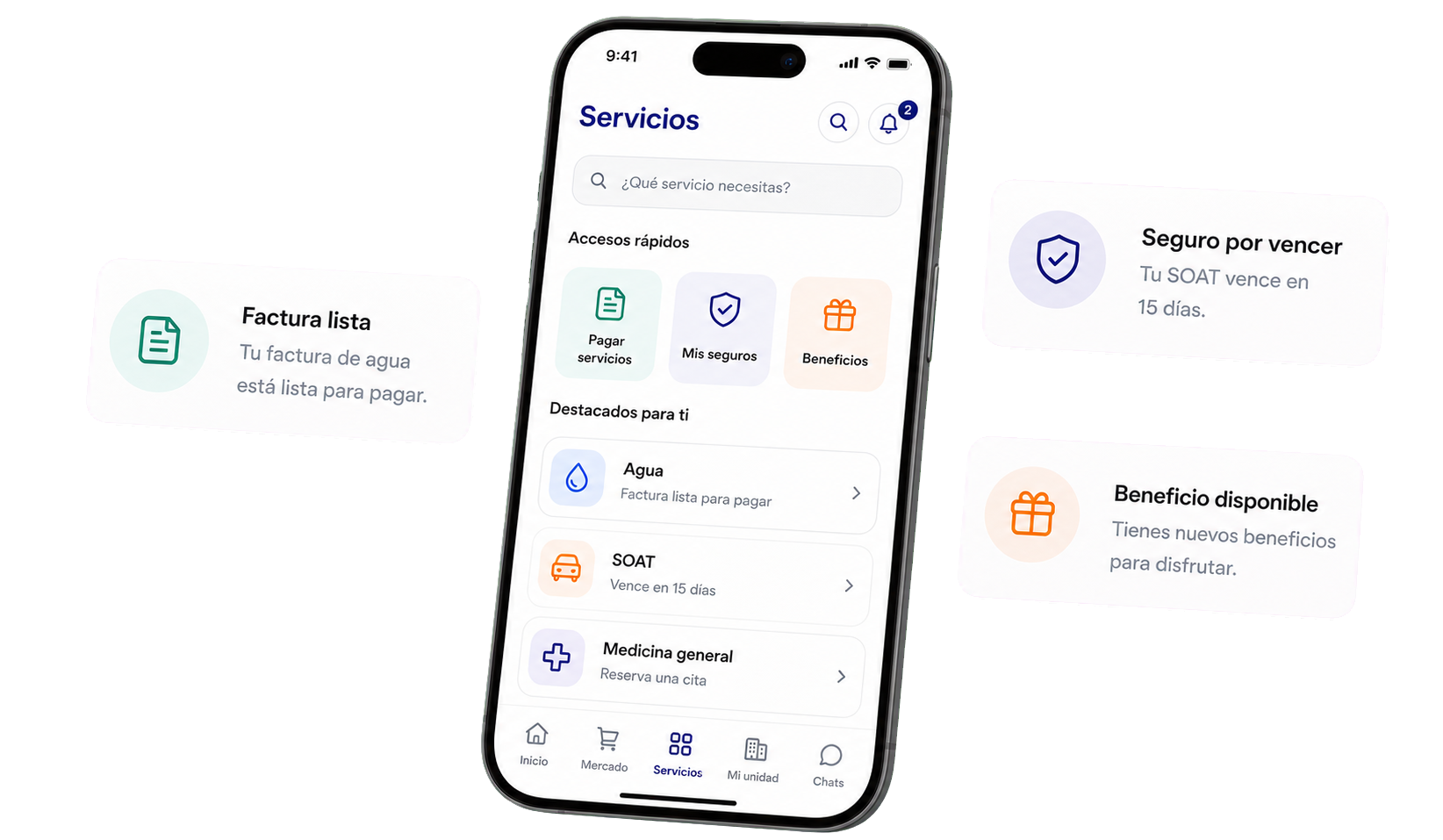 Vista de Servicios Liveen con pagos, seguros y beneficios